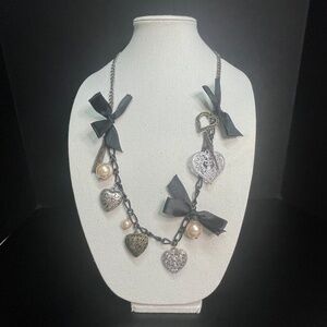 Black Ribbon Filigree Hearts Charms Vintage Funky Necklace